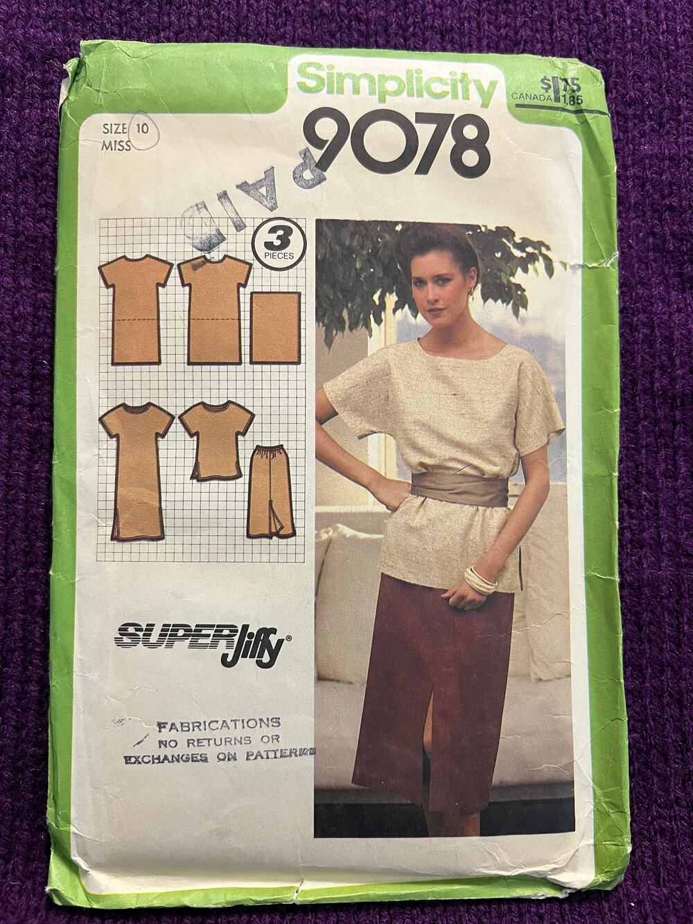 Simplicity 9078 Sewing pattern dress skirt tunic scarf size 10